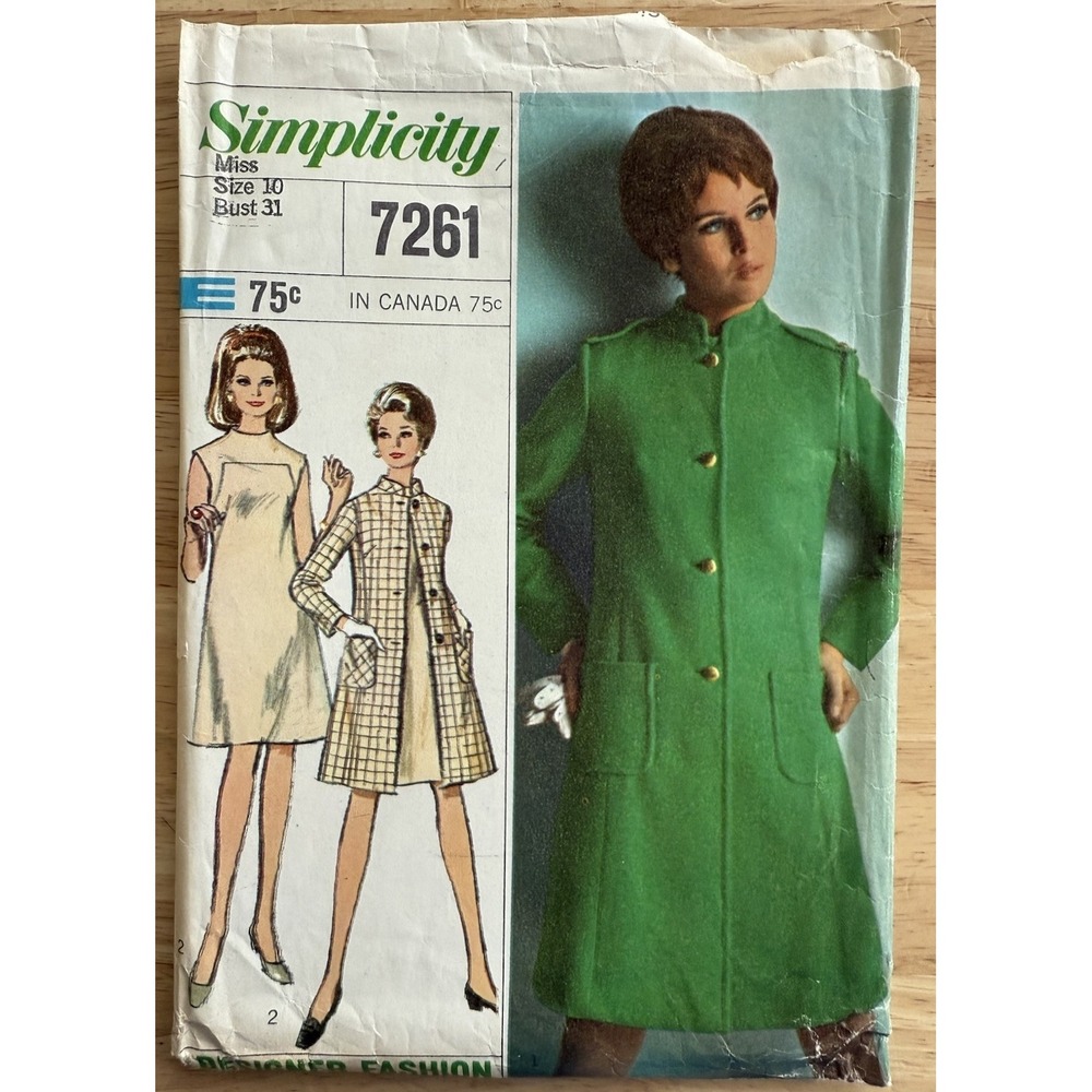 Designer Fashion Dress & Coat Patten Simplicity 7261 Size‎ 10 Bust 31 1960's VTG